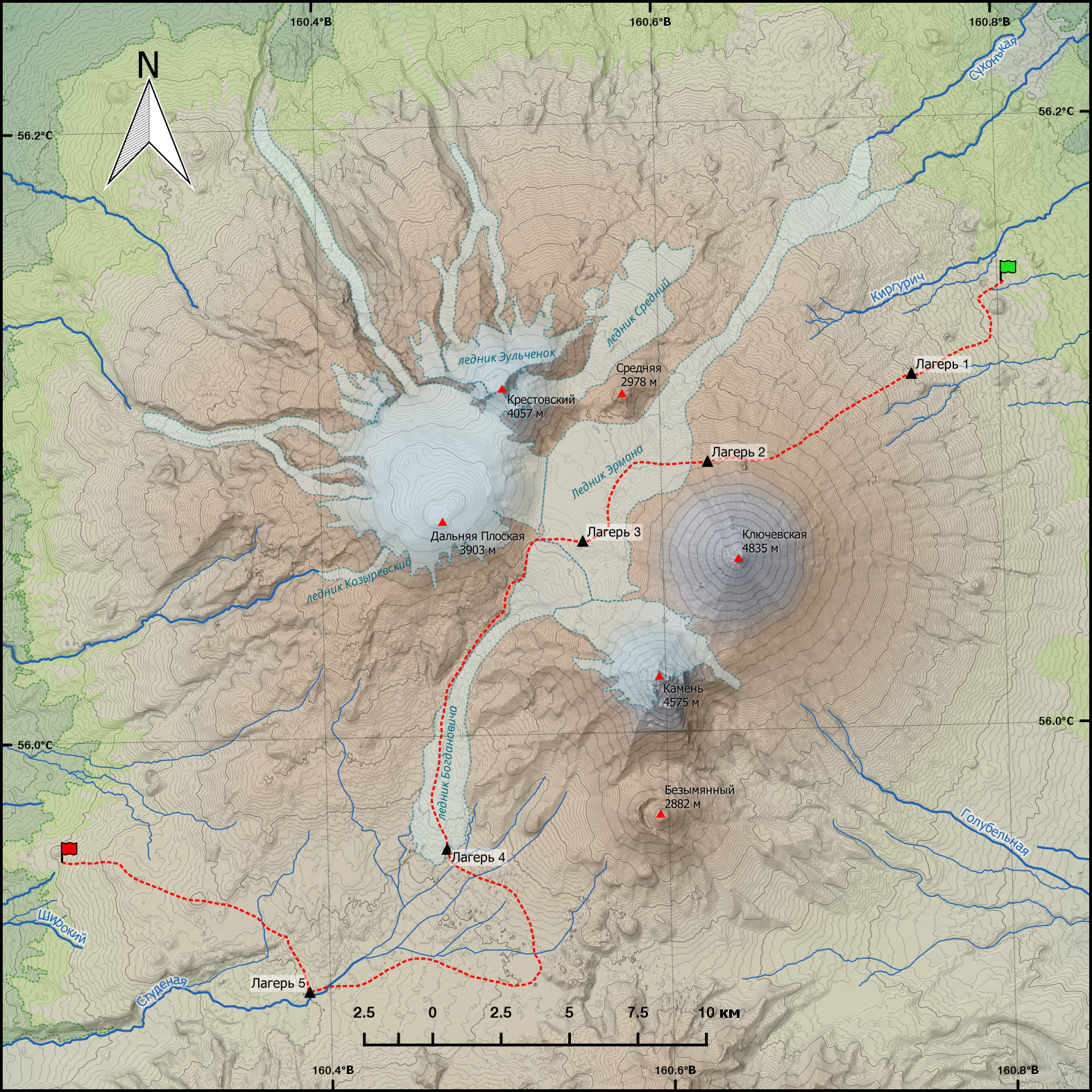 Схема маршрутов для походов по Камчатке