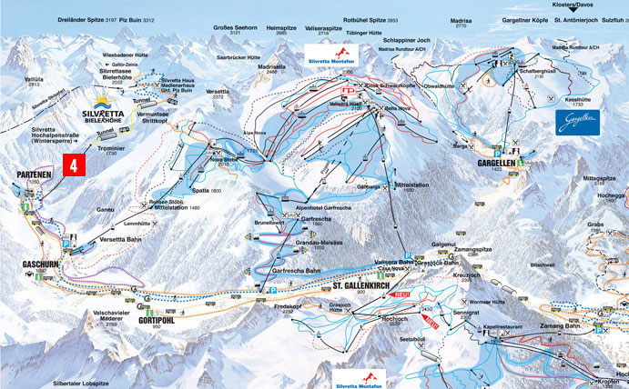 Карта ски-сафари в регионе Сильвретта, Австрия